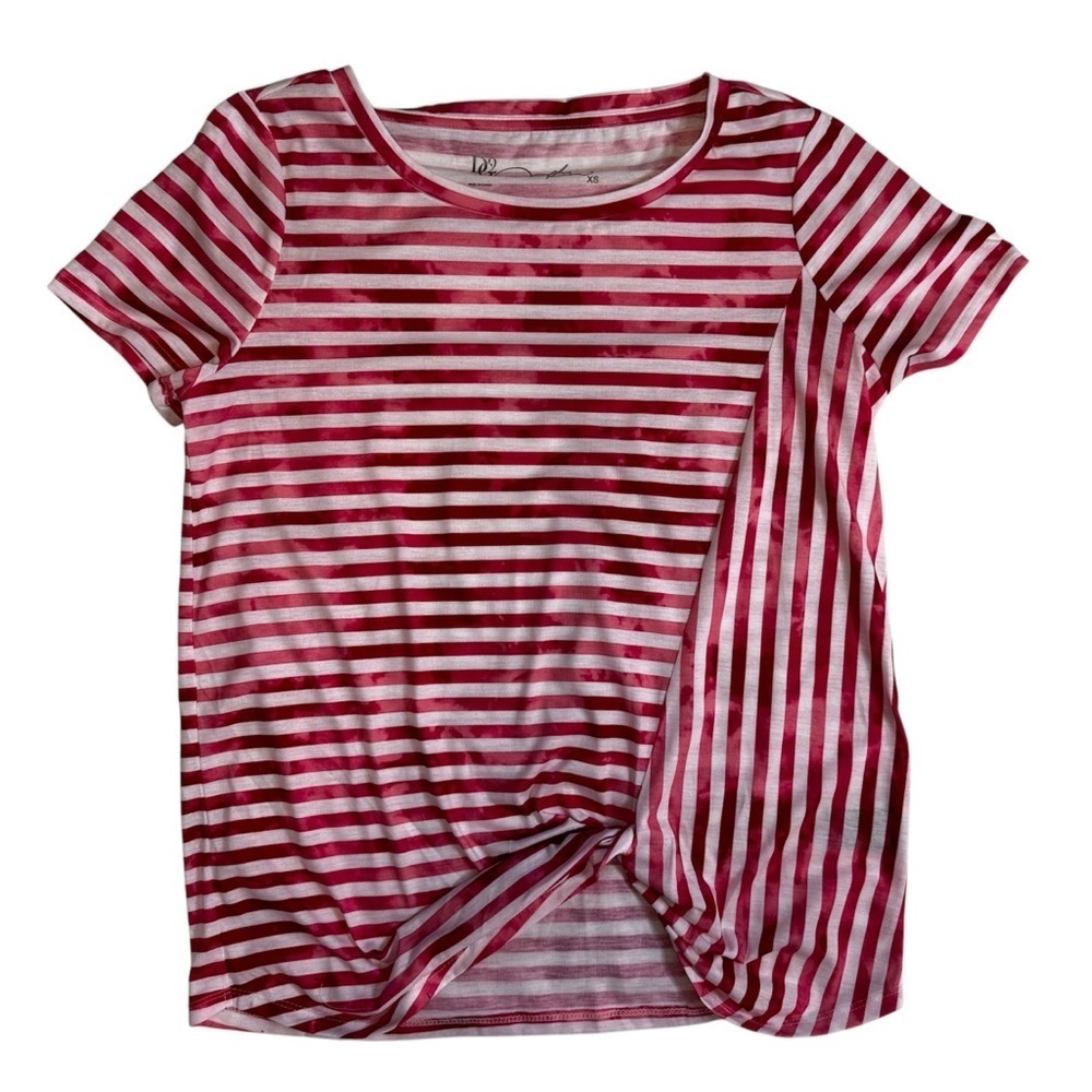 DG2 by Diane Gilman Red and White Striped Tee Shirt Top Size XS Unique Tie Front
